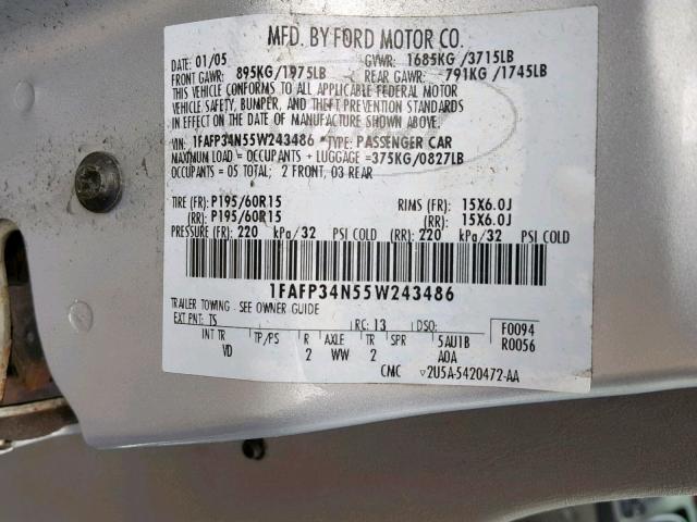 1FAFP34N55W243486 - 2005 FORD FOCUS ZX4 SILVER photo 10