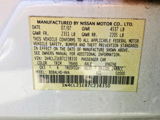 1N4CL21E87C238350 - 2007 NISSAN ALTIMA HYB WHITE photo 10