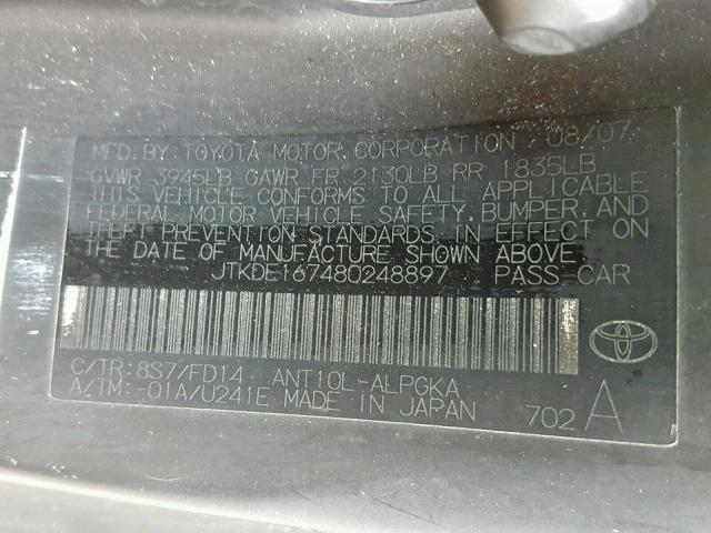 JTKDE167480248897 - 2008 TOYOTA SCION TC შავი ფოტო 10