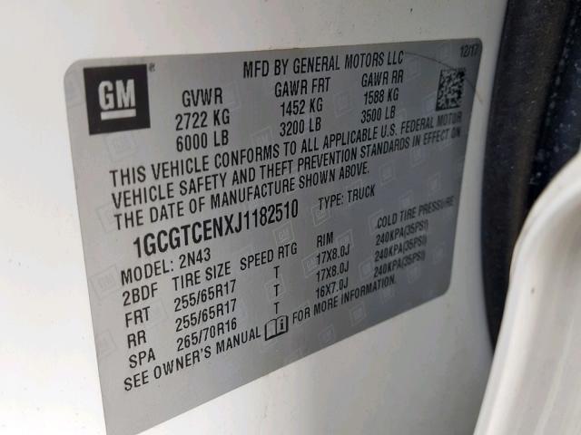 1GCGTCENXJ1182510 - 2018 CHEVROLET COLORADO L WHITE photo 10