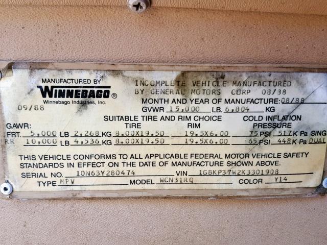 1GBKP37W2K3301908 - 1989 WINNEBAGO CHIEFTAIN BEIGE photo 10