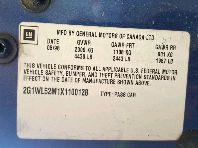 2G1WL52M1X1100128 - 1999 CHEVROLET LUMINA BAS 黑色 照片 10