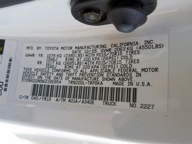 5TENX22N96Z192954 - 2006 TOYOTA TACOMA WHITE photo 10