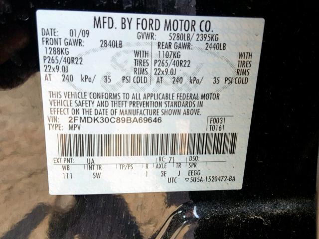 2FMDK30C89BA69646 - 2009 FORD EDGE SPORT BLACK photo 10