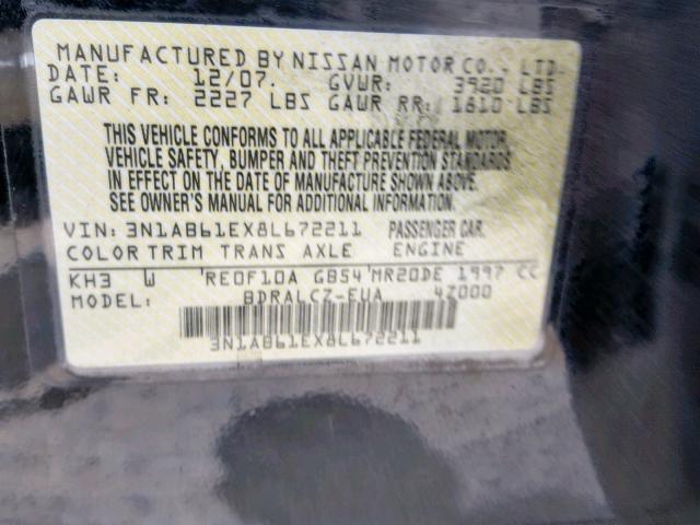 3N1AB61EX8L672211 - 2008 NISSAN SENTRA 2.0 BLACK photo 10