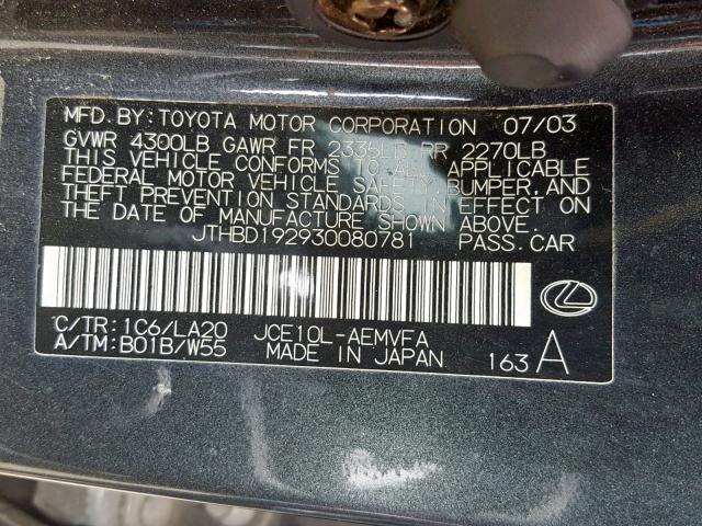 JTHBD192930080781 - 2003 LEXUS IS 300 CHARCOAL photo 10