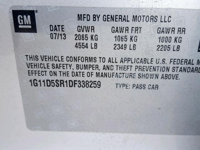 1G11D5SR1DF338259 - 2013 CHEVROLET MALIBU 1LT 银色 照片 10