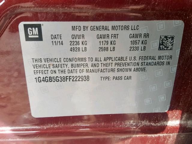 1G4GB5G38FF222938 - 2015 BUICK LACROSSE BURGUNDY photo 10