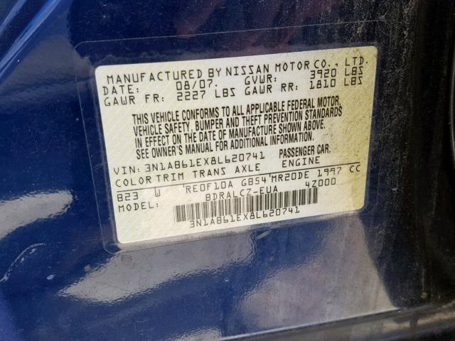 3N1AB61EX8L620741 - 2008 NISSAN SENTRA 2.0 BLUE photo 10