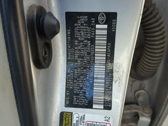 4T1BK36BX5U010253 - 2005 TOYOTA AVALON XL SILVER photo 10