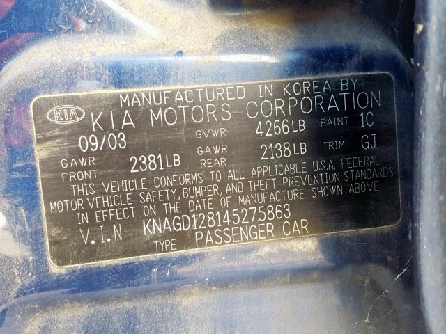 KNAGD128145275863 - 2004 KIA OPTIMA LX BLUE photo 10