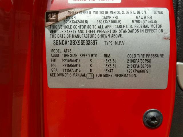 3GNCA13BX9S503397 - 2009 CHEVROLET HHR LS Rojo foto 10