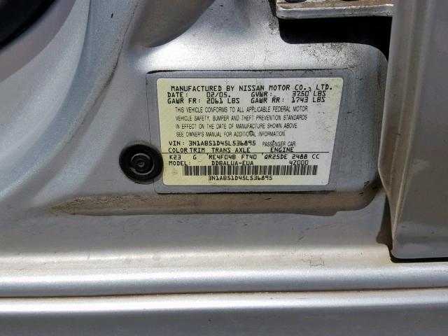 3N1AB51D45L536895 - 2005 NISSAN SENTRA SE- SILVER photo 10