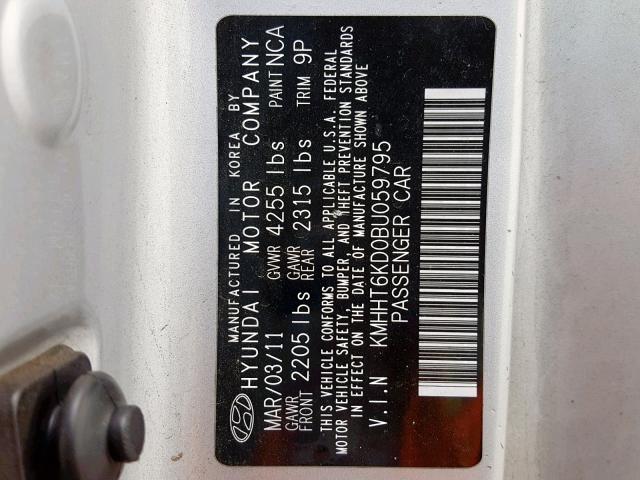 KMHHT6KD0BU059795 - 2011 HYUNDAI GENESIS CO SILVER photo 10