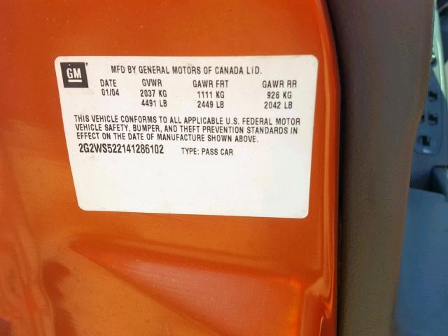 2G2WS522141286102 - 2004 PONTIAC GRAND PRIX ORANGE photo 10