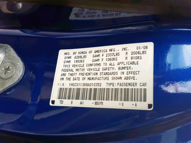 1HGCS11368A010352 - 2008 HONDA ACCORD LX- BLUE photo 10