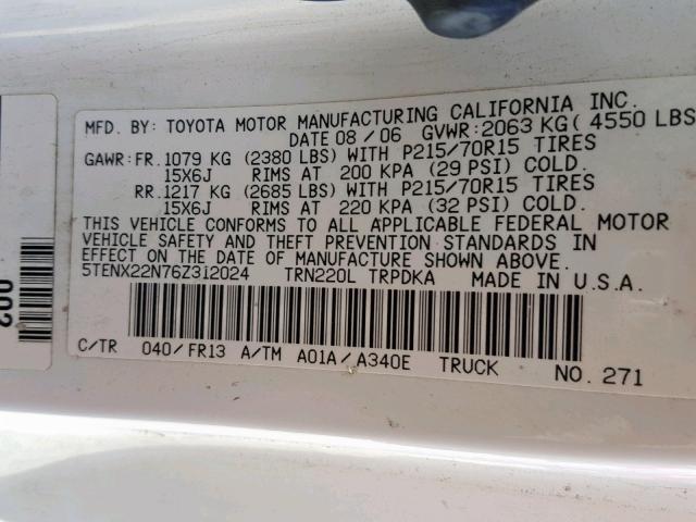 5TENX22N76Z312024 - 2006 TOYOTA TACOMA WHITE photo 10