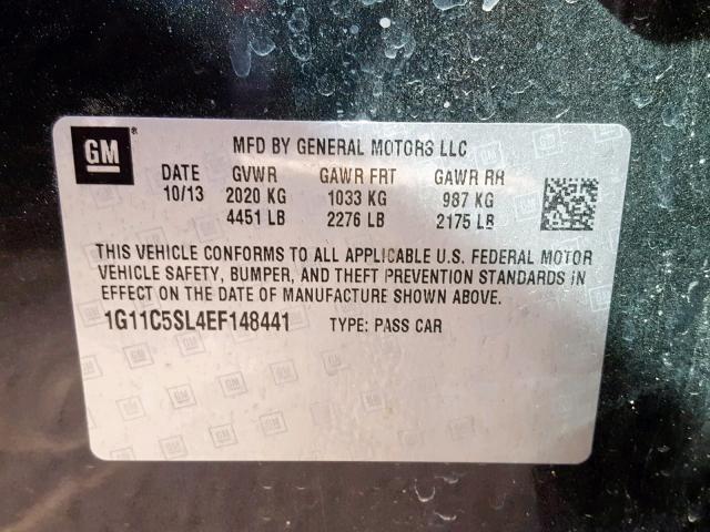 1G11C5SL4EF148441 - 2014 CHEVROLET MALIBU 1LT გრაფიტი ფოტო 10