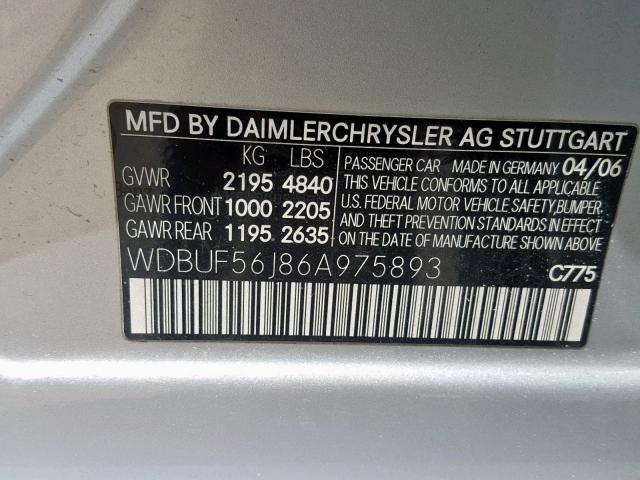 WDBUF56J86A975893 - 2006 MERCEDES-BENZ E 350 SILVER photo 10