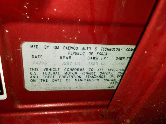 KL1TG666X6B673812 - 2006 CHEVROLET AVEO LT RED photo 10