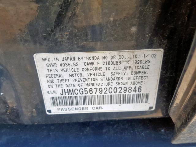 JHMCG56792C029846 - 2002 HONDA ACCORD SE BLACK photo 10