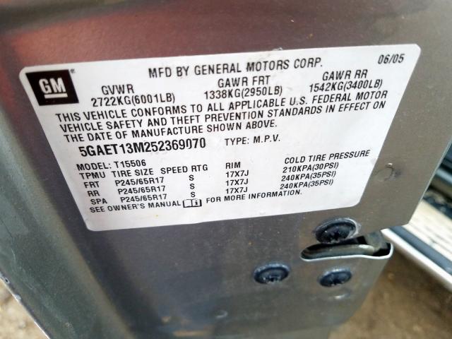 5GAET13M252369070 - 2005 BUICK RAINIER CXL  photo 10