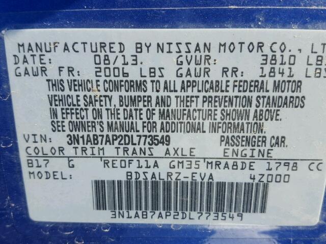 3N1AB7AP2DL773549 - 2013 NISSAN SENTRA S/S BLUE photo 10