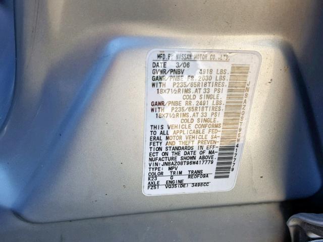 JN8AZ08T96W417779 - 2006 NISSAN MURANO SILVER photo 10