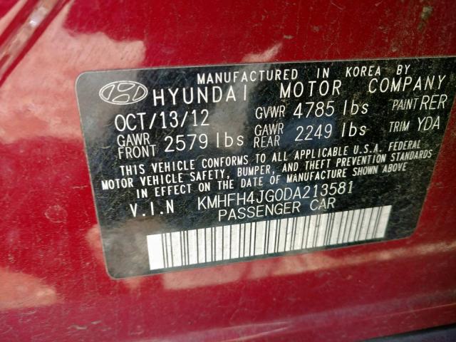 KMHFH4JG0DA213581 - 2013 HYUNDAI AZERA GLS RED photo 10