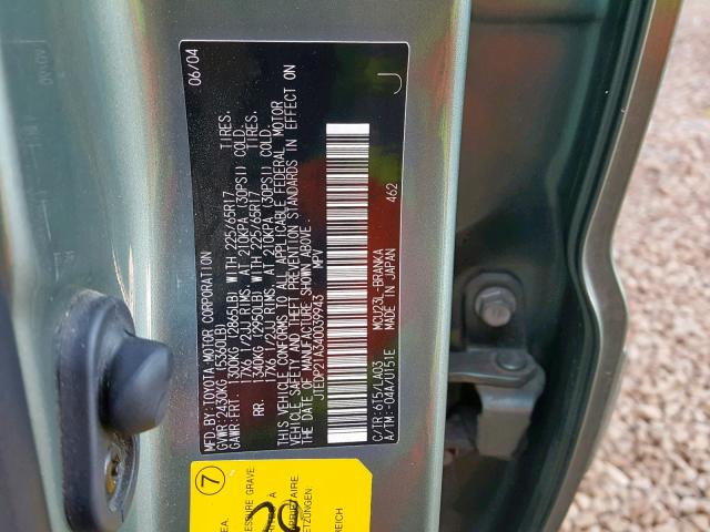 JTEDP21A340039943 - 2004 TOYOTA HIGHLANDER GREEN photo 10