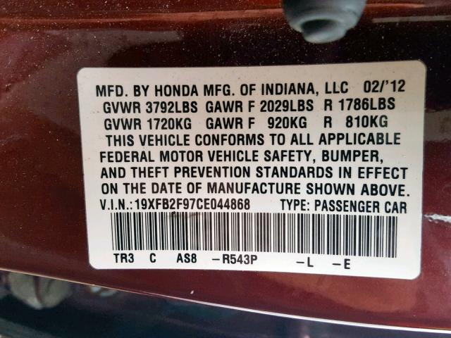 19XFB2F97CE044868 - 2012 HONDA CIVIC EXL BURGUNDY photo 10