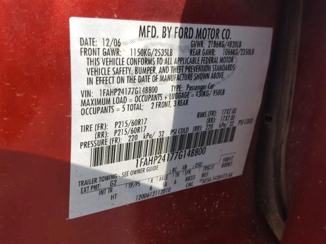 1FAHP24177G148800 - 2007 FORD FIVE HUNDR RED photo 10