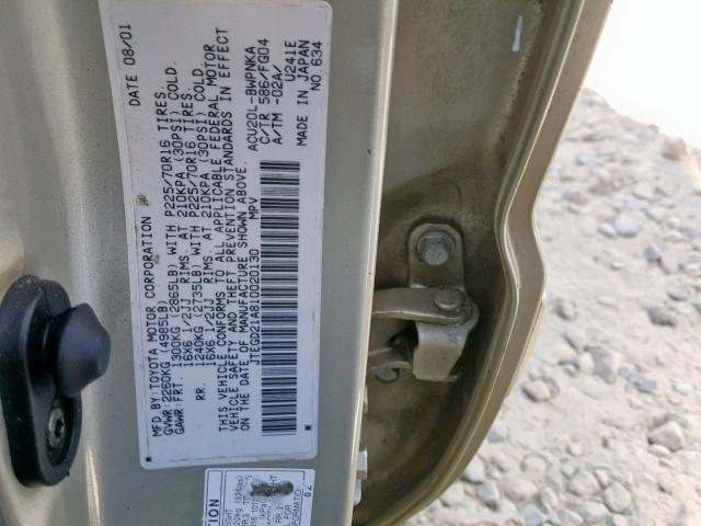 JTEGD21A810020130 - 2001 TOYOTA HIGHLANDER TAN photo 10