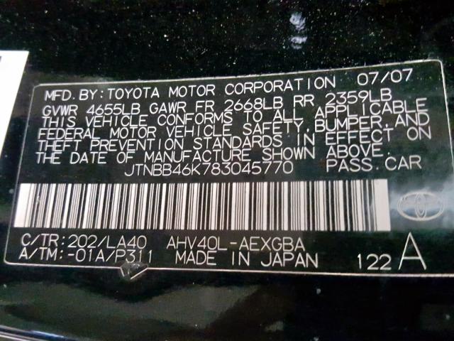 JTNBB46K783045770 - 2008 TOYOTA CAMRY HYBR BLACK photo 10