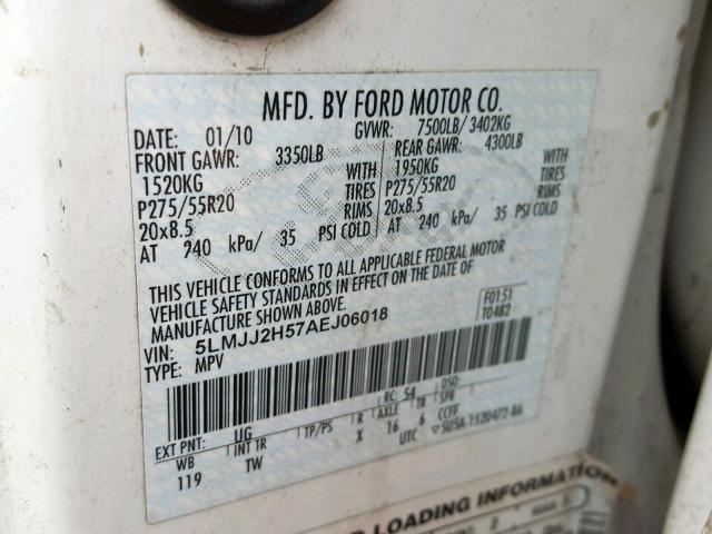 5LMJJ2H57AEJ06018 - 2010 LINCOLN NAVIGATOR 白色 照片 10