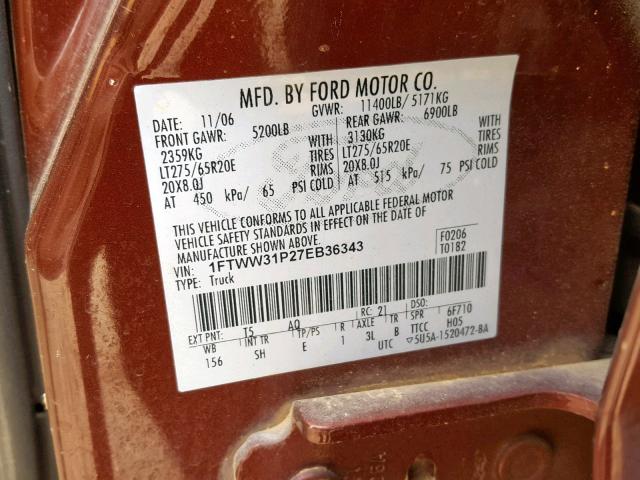 1FTWW31P27EB36343 - 2007 FORD F350 SRW S MAROON photo 10