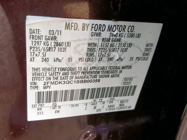 2FMDK3GC1BBB00358 - 2011 FORD EDGE SE MAROON photo 10