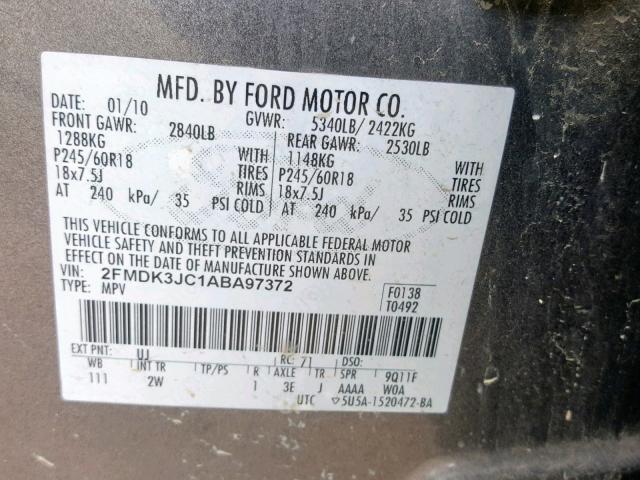 2FMDK3JC1ABA97372 - 2010 FORD EDGE SEL GRAY photo 10