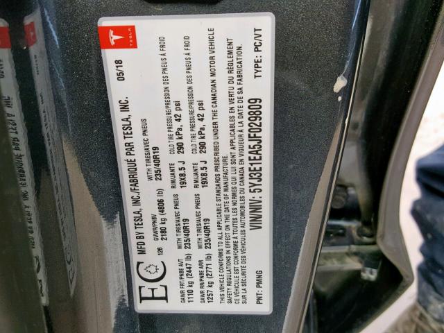 5YJ3E1EA5JF029809 - 2018 TESLA MODEL 3 GRAY photo 10