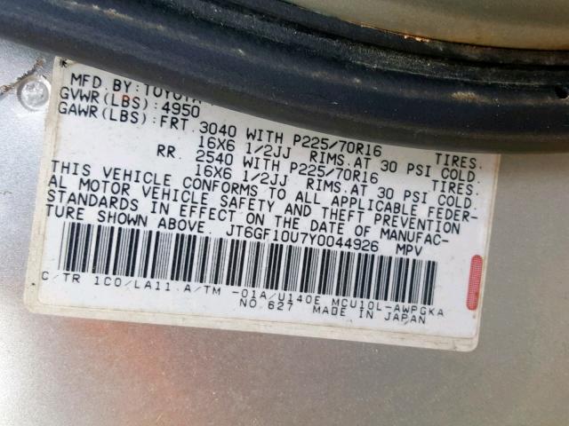 JT6GF10U7Y0044926 - 2000 LEXUS RX 300 SILVER photo 10