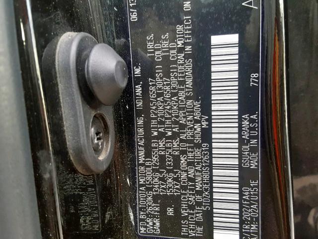 5TDZK3EH8DS126319 - 2013 TOYOTA HIGHLANDER BLACK photo 10