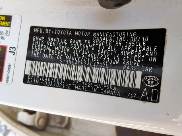 2T1BU4EE7AC476701 - 2010 TOYOTA COROLLA BA WHITE photo 10