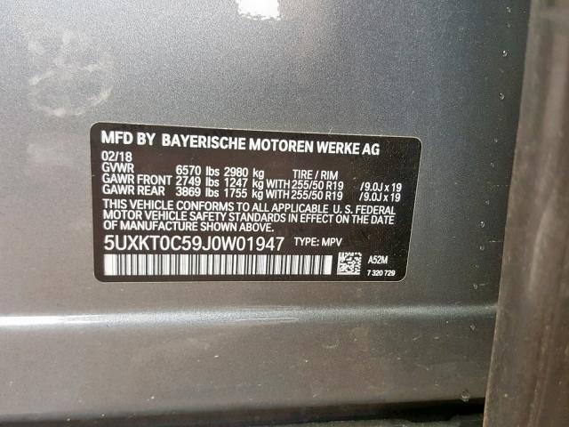 5UXKT0C59J0W01947 - 2018 BMW X5 XDR40E GRAY photo 10