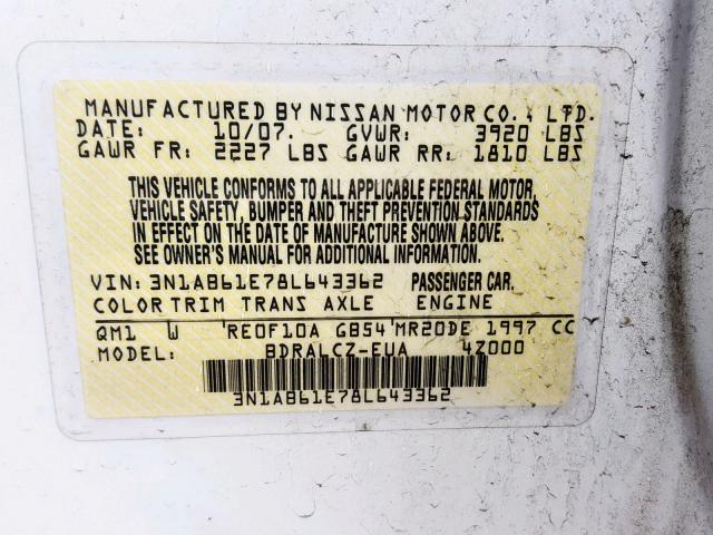 3N1AB61E78L643362 - 2008 NISSAN SENTRA 2.0 WHITE photo 10