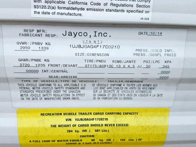 1UJBJ0AG4F17C0210 - 2015 JAYCO JAYFLIGHT  WHITE photo 10