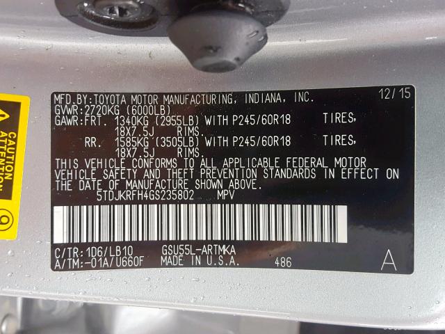 5TDJKRFH4GS235802 - 2016 TOYOTA HIGHLANDER SILVER photo 10