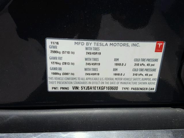 5YJSA1E1XGF169600 - 2016 TESLA MODEL S SILVER photo 10