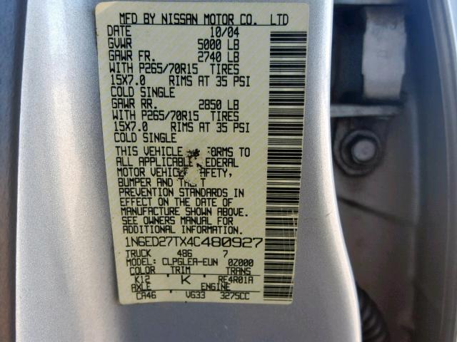 1N6ED27TX4C480927 - 2004 NISSAN FRONTIER C SILVER photo 10