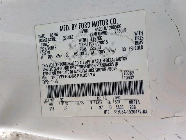 1FTYR10D68PA05174 - 2008 FORD RANGER WHITE photo 10