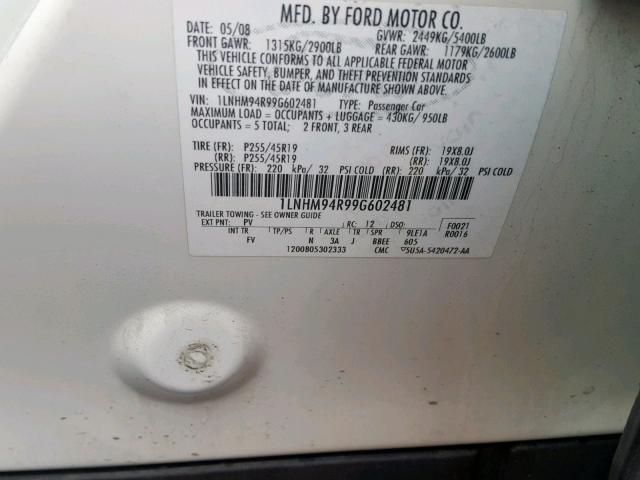 1LNHM94R99G602481 - 2009 LINCOLN MKS WHITE photo 10